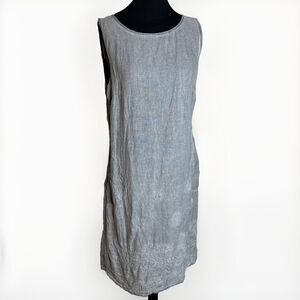 Lina Tomei Size L Shift Dress Floral Embroidered 100% Linen Short Made in Italy
